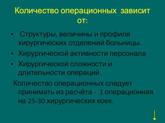 Количество операционных зависит от: Структуры, величины и профиля хирургических отделений больницы.