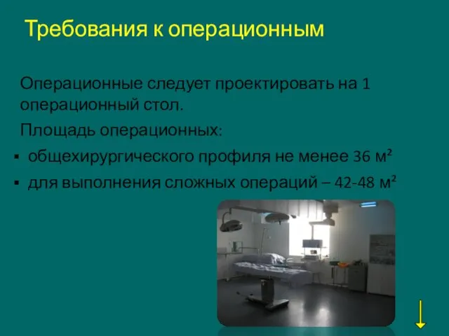 Требования к операционным Операционные следует проектировать на 1 операционный стол. Площадь