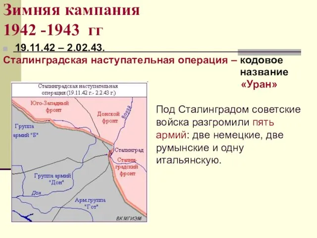 Зимняя кампания 1942 -1943 гг 19.11.42 – 2.02.43. Сталинградская наступательная операция