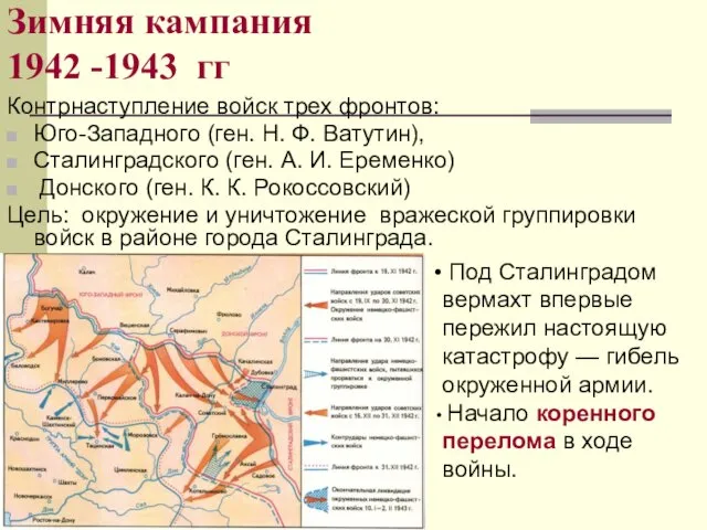 Зимняя кампания 1942 -1943 гг Контрнаступление войск трех фронтов: Юго-Западного (ген.