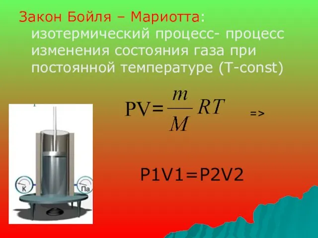 Закон Бойля – Мариотта: изотермический процесс- процесс изменения состояния газа при постоянной температуре (T-const) => P1V1=P2V2