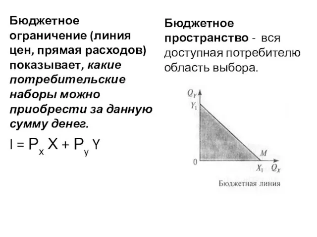 Бюджетное ограничение (линия цен, прямая расходов) показывает, какие потребительские наборы можно