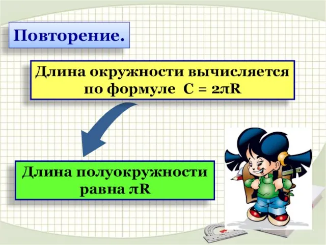 Длина окружности вычисляется по формуле С = 2πR Длина полуокружности равна πR Повторение.