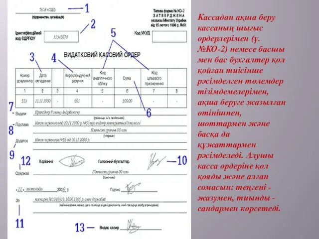 Кассадан ақша беру кассаның шығыс ордерлерімен (ү.№КО-2) немесе басшы мен бас