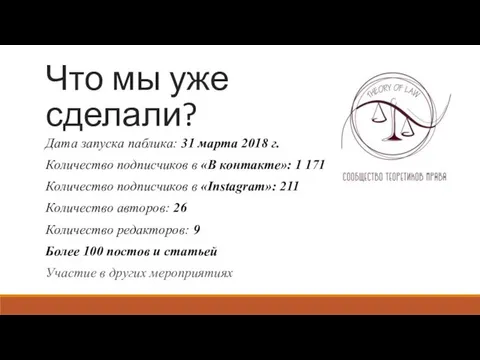 Дата запуска паблика: 31 марта 2018 г. Количество подписчиков в «В