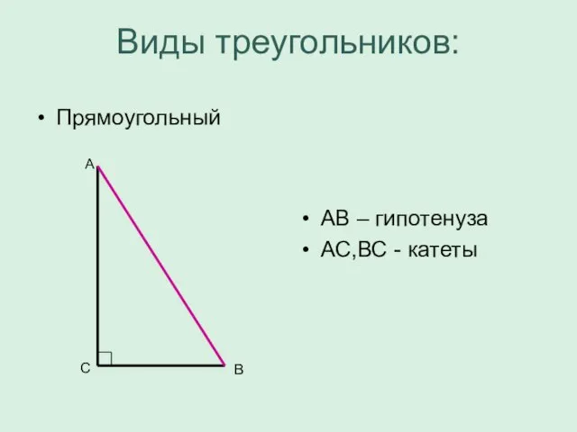 Виды треугольников: Прямоугольный АВ – гипотенуза АС,ВС - катеты А В С