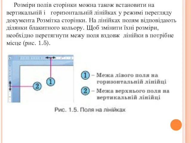 Розміри полів сторінки можна також встановити на вертикальній і горизонтальній лінійках