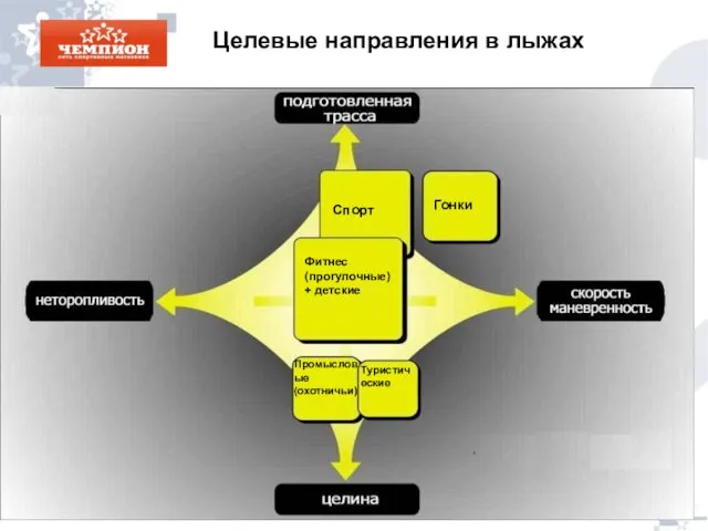 Целевые направления в лыжах Фитнес (прогулочные) + детские Спорт Гонки Промысловые (охотничьи) Туристические