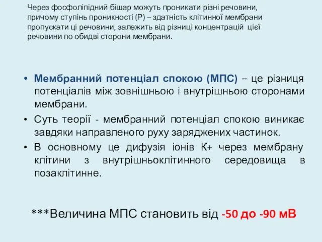 Мембранний потенціал спокою (МПС) – це різниця потенціалів між зовнішньою і