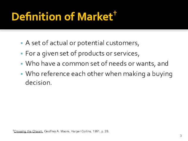 Definition of Market† A set of actual or potential customers, For