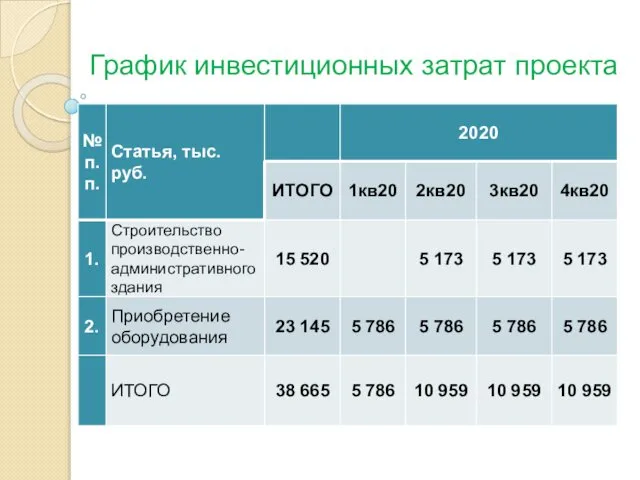 График инвестиционных затрат проекта