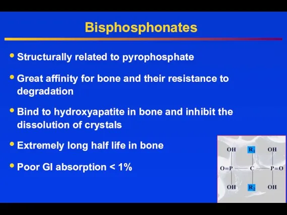 Bisphosphonates Structurally related to pyrophosphate Great affinity for bone and their