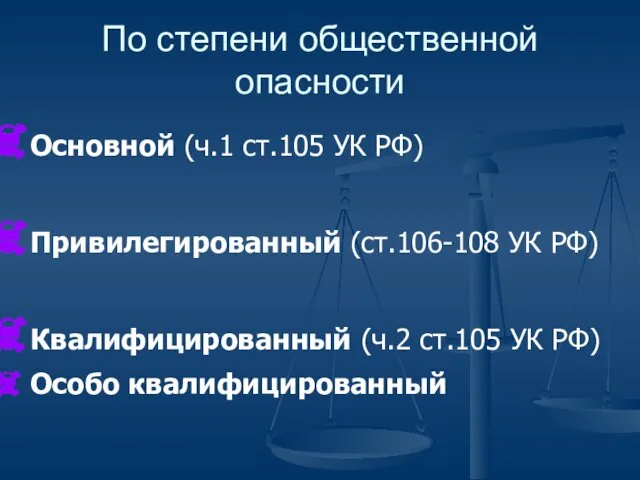 По степени общественной опасности Основной (ч.1 ст.105 УК РФ) Привилегированный (ст.106-108