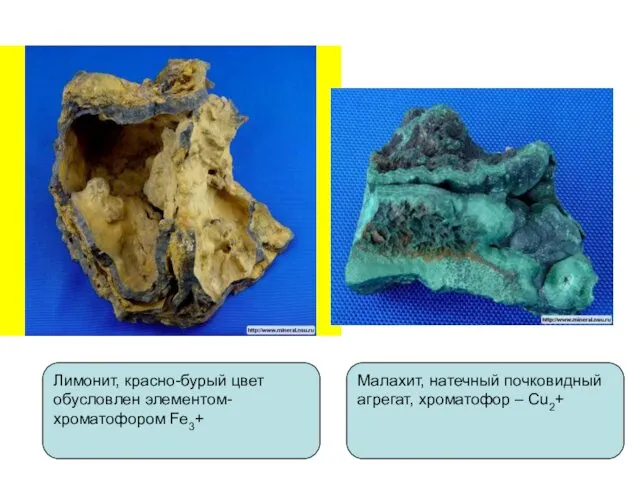 Лимонит, красно-бурый цвет обусловлен элементом-хроматофором Fe3+ Малахит, натечный почковидный агрегат, хроматофор – Cu2+