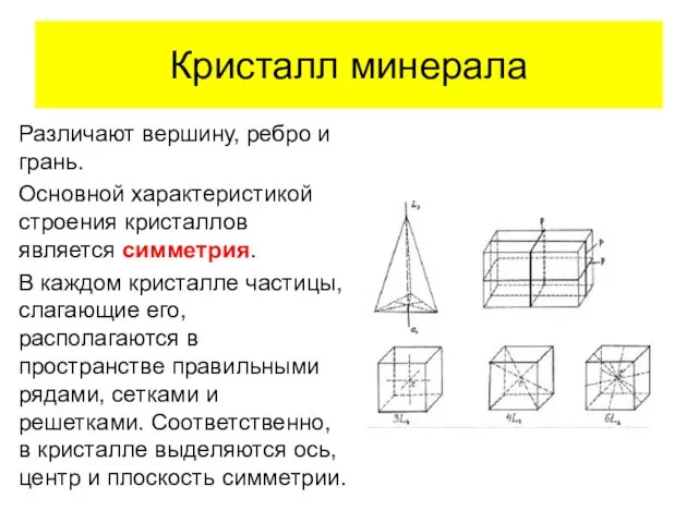 Кристалл минерала Различают вершину, ребро и грань. Основной характеристикой строения кристаллов