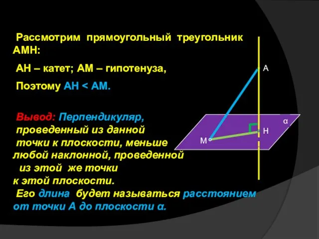 Рассмотрим прямоугольный треугольник АМН: АН – катет; АМ – гипотенуза, Поэтому