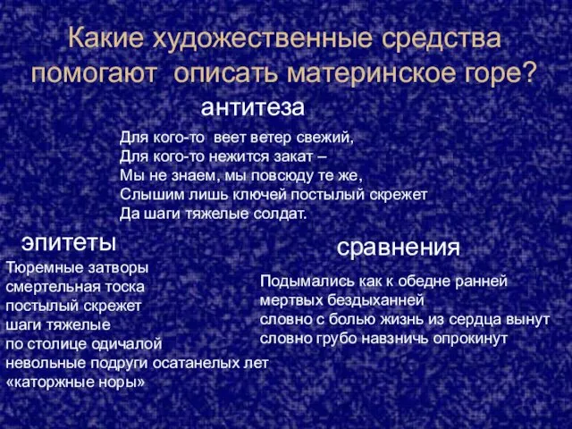 Какие художественные средства помогают описать материнское горе? эпитеты сравнения антитеза Тюремные