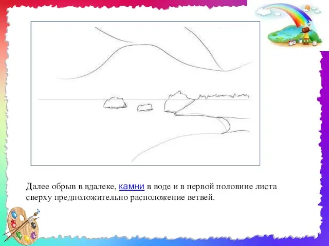 Далее обрыв в вдалеке, камни в воде и в первой половине листа сверху предположительно расположение ветвей.