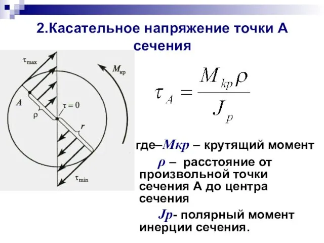 2.Касательное напряжение точки А сечения где–Мкр – крутящий момент ρ –