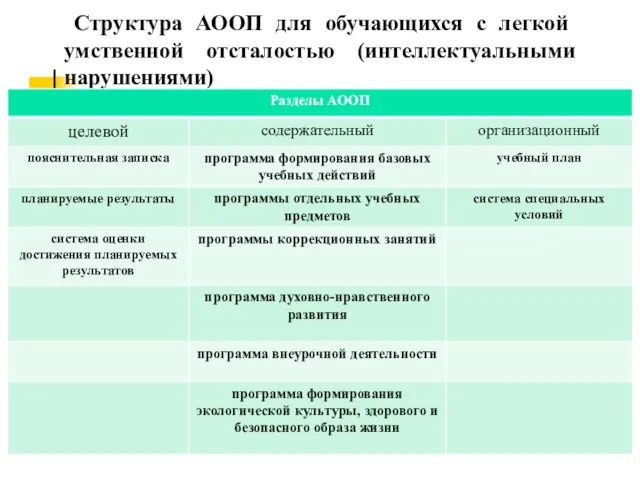 Структура АООП для обучающихся с легкой умственной отсталостью (интеллектуальными нарушениями)