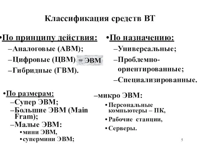 Классификация средств ВТ По принципу действия: Аналоговые (АВМ); Цифровые (ЦВМ); Гибридные