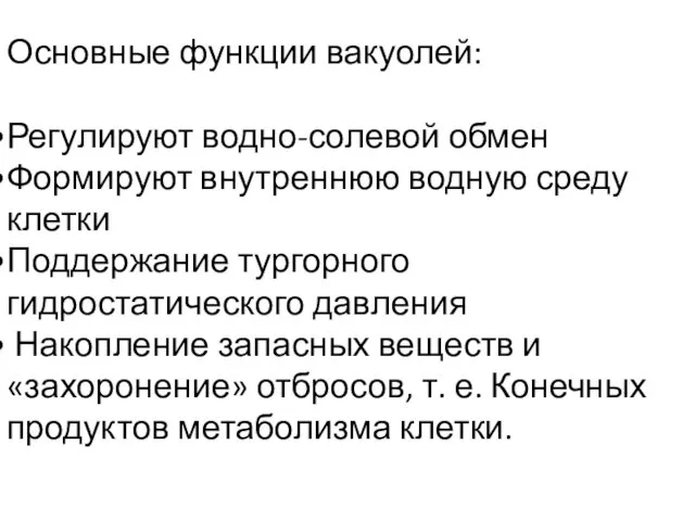 Основные функции вакуолей: Регулируют водно-солевой обмен Формируют внутреннюю водную среду клетки