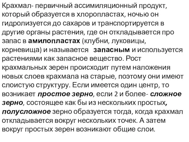 Крахмал- первичный ассимиляционный продукт, который образуется в хлоропластах, ночью он гидролизуется