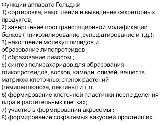 Функции аппарата Гольджи 1) сортировка, накопление и выведение секреторных продуктов; 2)