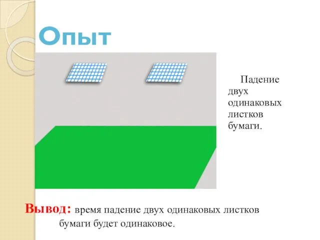 Падение двух одинаковых листков бумаги. Опыт Вывод: время падение двух одинаковых листков бумаги будет одинаковое.