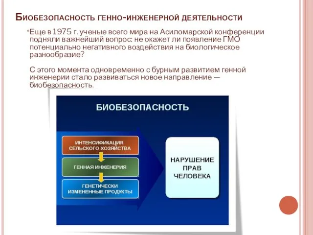 Биобезопасность генно-инженерной деятельности *Еще в 1975 г. ученые всего мира на