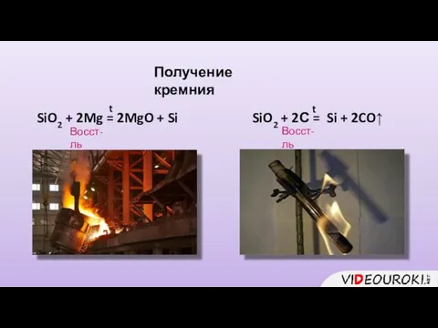 Получение кремния SiO2 + 2Mg = 2MgO + Si t SiO2