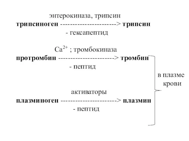 энтерокиназа, трипсин трипсиноген -----------------------> трипсин - гексапептид Са2+ ; тромбокиназа протромбин