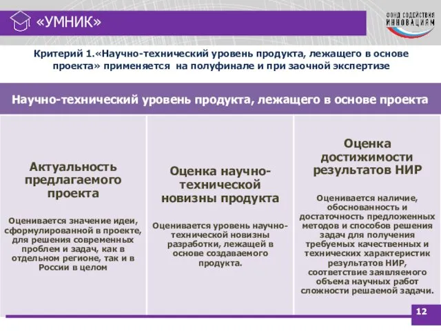 Критерий 1.«Научно-технический уровень продукта, лежащего в основе проекта» применяется на полуфинале и при заочной экспертизе «УМНИК»