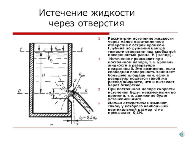 Истечение жидкости через отверстия Рассмотрим истечение жидкости через малое незатопленное отверстие