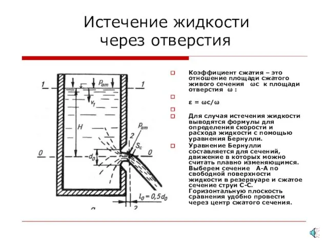 Истечение жидкости через отверстия Коэффициент сжатия – это отношение площади сжатого