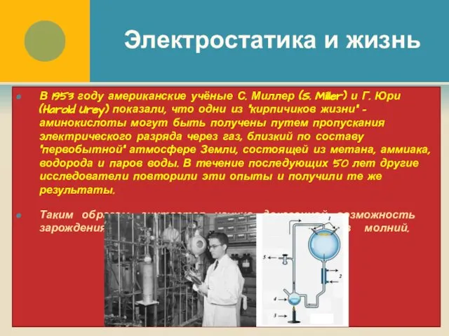 Электростатика и жизнь В 1953 году американские учёные С. Миллер (S.