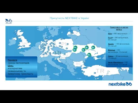 Послуга: оренда велосипедів. Ціль: альтернатива громадському та приватному транспорту. Присутність в