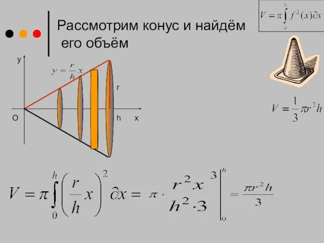 x Рассмотрим конус и найдём его объём y h O r