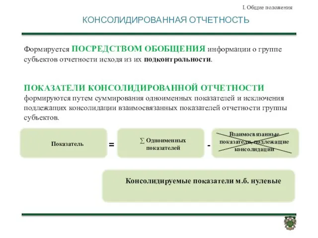 КОНСОЛИДИРОВАННАЯ ОТЧЕТНОСТЬ Формируется ПОСРЕДСТВОМ ОБОБЩЕНИЯ информации о группе субъектов отчетности исходя