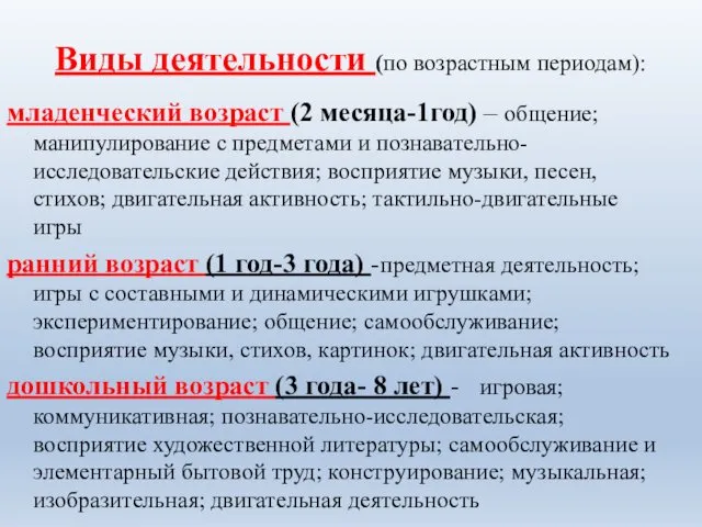 Виды деятельности (по возрастным периодам): младенческий возраст (2 месяца-1год) – общение;