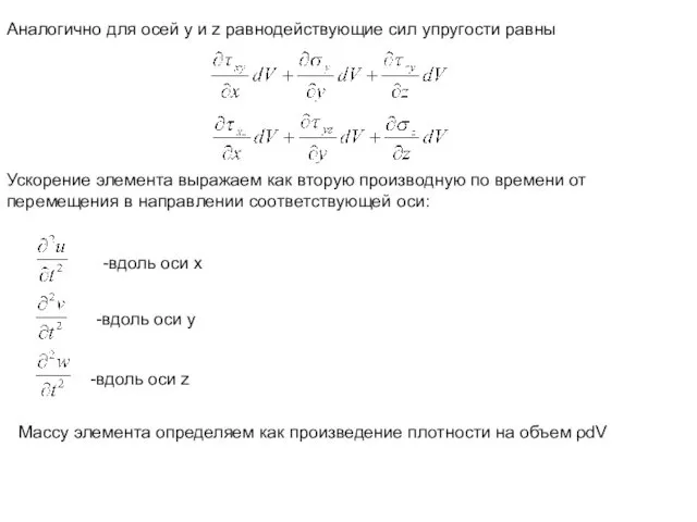 Аналогично для осей у и z равнодействующие сил упругости равны Ускорение