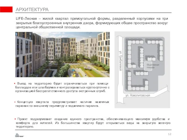 АРХИТЕКТУРА LIFE-Лесная – жилой квартал прямоугольной формы, разделенный корпусами на три