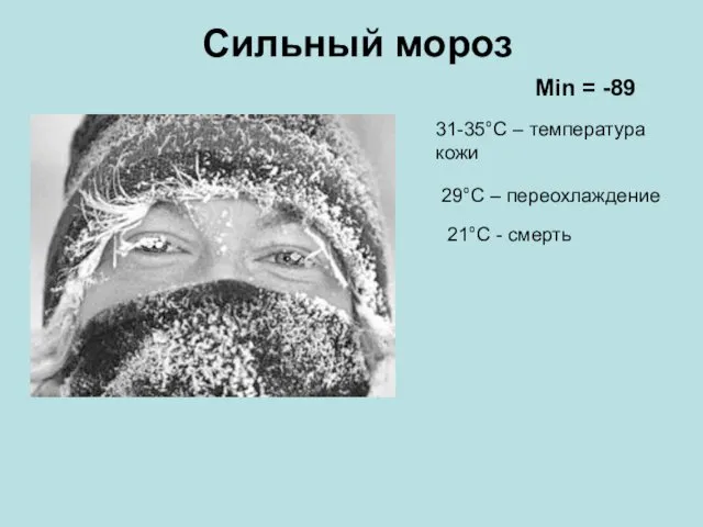 Сильный мороз Min = -89 31-35°С – температура кожи 29°С – переохлаждение 21°С - смерть