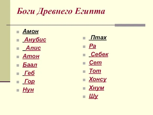 Боги Древнего Египта Амон Анубис Апис Атон Баал Геб Гор Нун