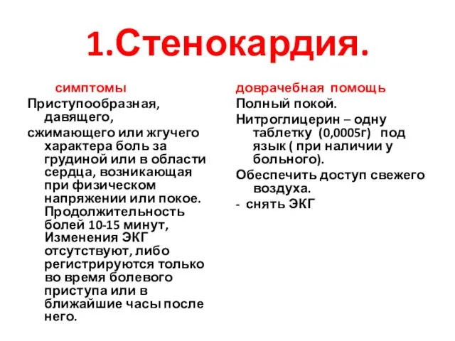 1.Стенокардия. симптомы Приступообразная, давящего, сжимающего или жгучего характера боль за грудиной