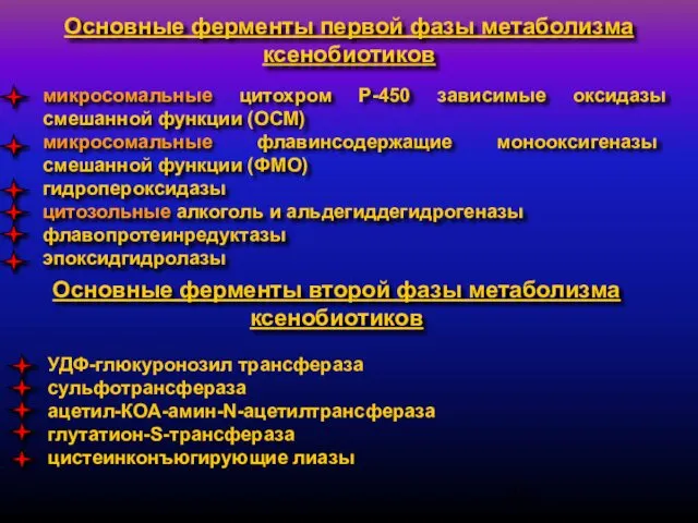 Основные ферменты первой фазы метаболизма ксенобиотиков микросомальные цитохром Р-450 зависимые оксидазы