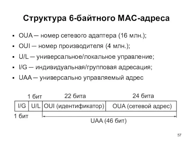 Структура 6-байтного MAC-адреса OUA ─ номер сетевого адаптера (16 млн.); OUI