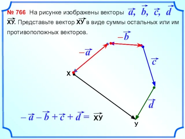 № 766 На рисунке изображены векторы ХУ. Представьте вектор ХУ в