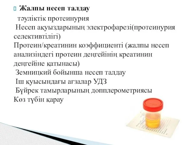 Жалпы несеп талдау тәуліктік протеинурия Несеп ақуыздарының электрофарезі(протеинурия селективтілігі) Протеин/креатинин коэффициенті