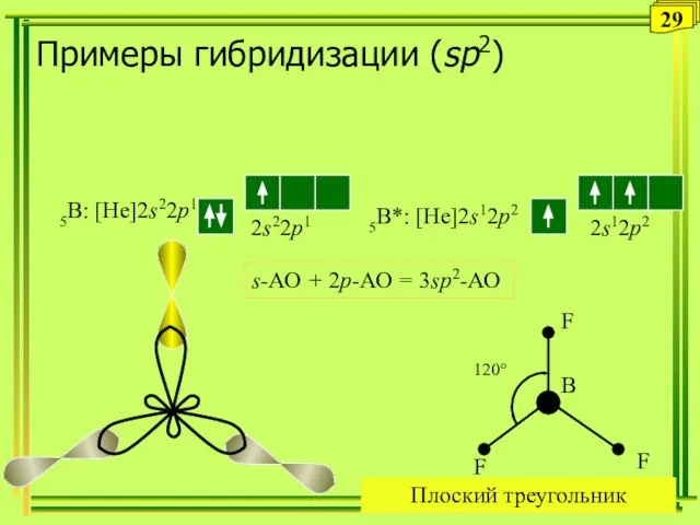 Примеры гибридизации (sp2) 5B: [He]2s22p1 5B*: [He]2s12p2 s-АО + 2p-АО = 3sp2-АО Плоский треугольник 29